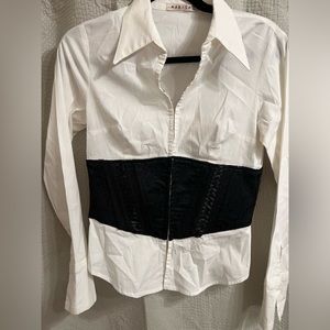 White collared shirt with black lace corset detail